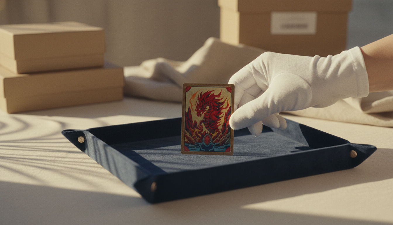 Carta Pokémon coleccionable manipulada con guantes blancos para preservar su calidad