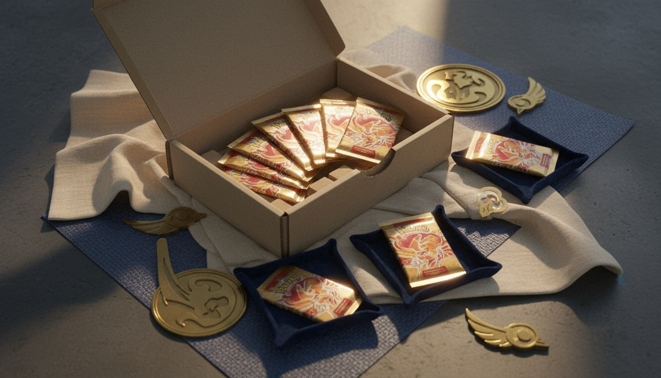 Caja abierta con sobres de cartas Pokémon TCG originales, sellados y listos para enviar