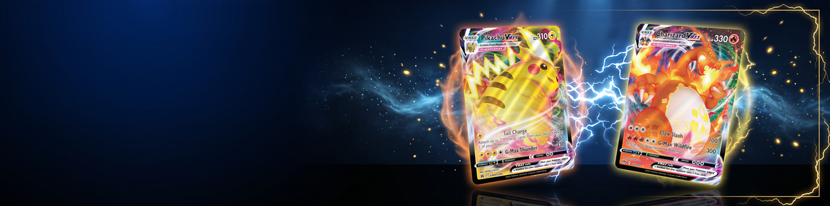 Banner promocional TCGCartas con cartas Pokémon Pikachu VMAX y Charizard VMAX